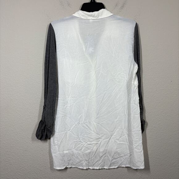 Splendid Medium Combo Roll Tab Sleeves Blouse White Gray Colorblock Button Up - Picture 2 of 8